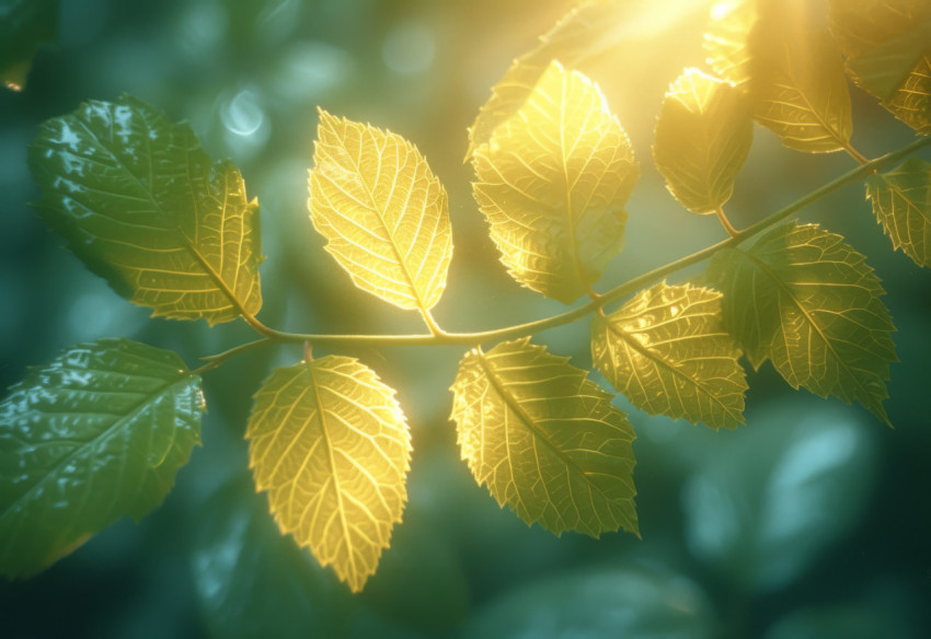 Captivating sunlight filters through lush branches casting enchanting rays in the woods