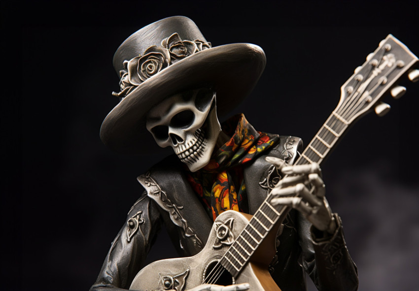 Skeleton playing guitar in sombrero and hat