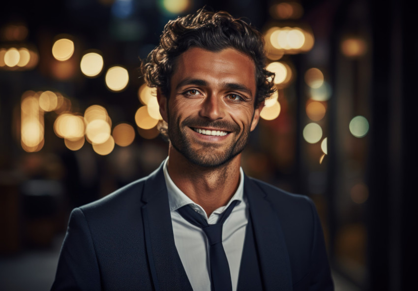 Smiling businessman exuding confidence and positivity in a professional portrait