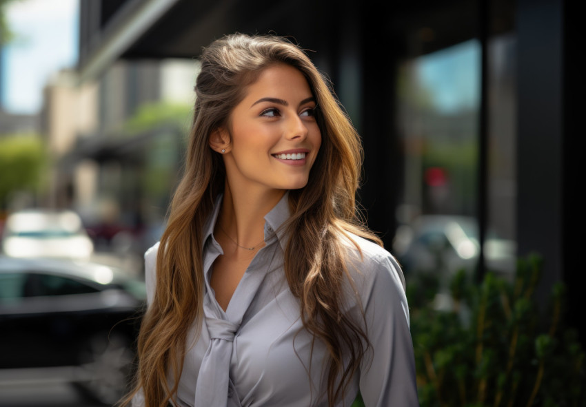 A smiling young businesswoman outside an office