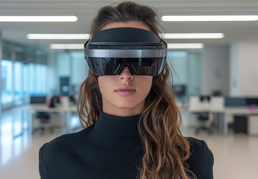 A woman using virtual glasses for office