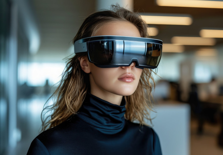 A photo of a woman using virtual glasses in office