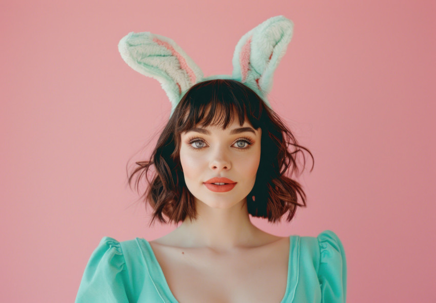 A woman in bunny ears against a pink background