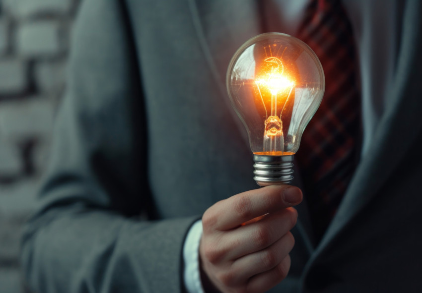 Businessman holds up a glowing light bulb