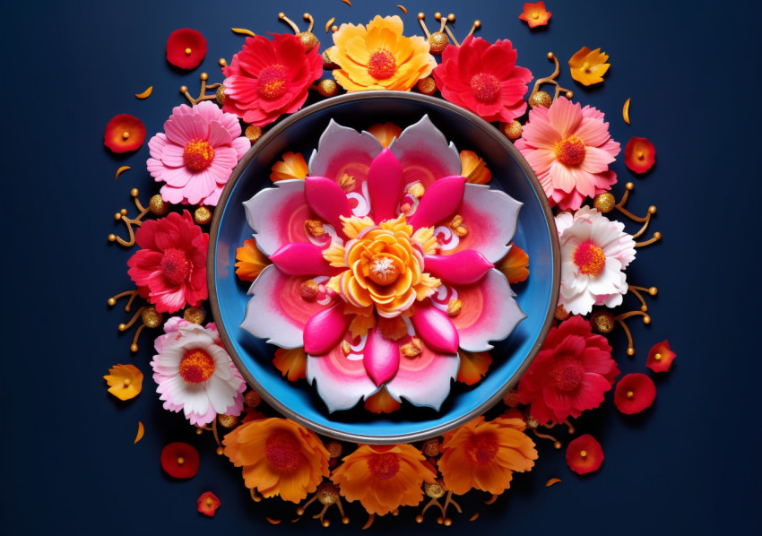 rangoli decoration of an orange flower in a bowl