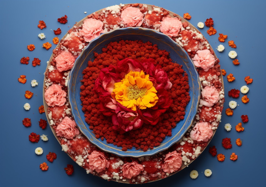 Rangoli Decoration with Orange Flower in Bowl