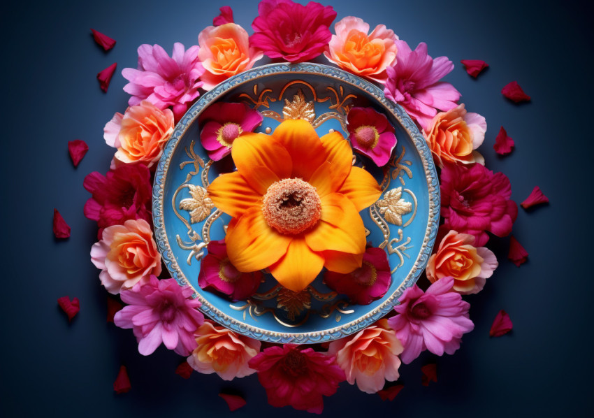 Beautiful Rangoli Decoration with Orange Flower