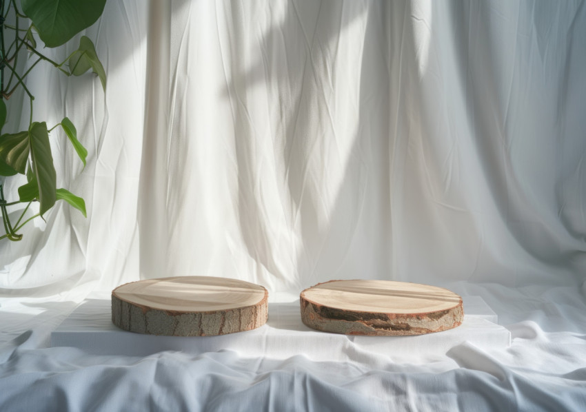 Two wood slices pedestals with green leaves on white backdrop