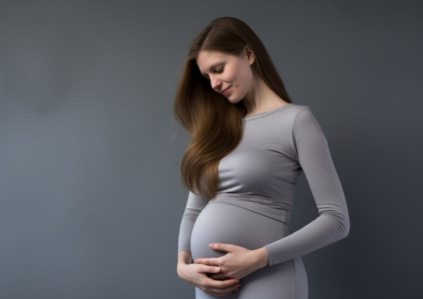 Pregnant Woman Caressing Her Belly on Gray Background