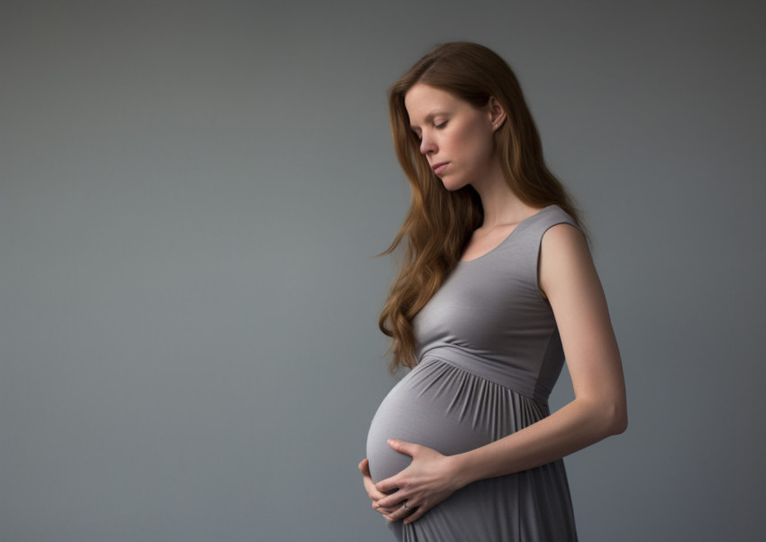 Happy Pregnant Woman Holds Her Belly on Gray Background