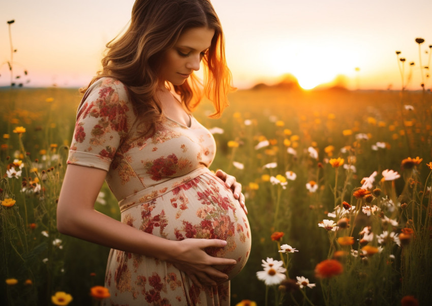 a pregnant woman standing in a field of flowers