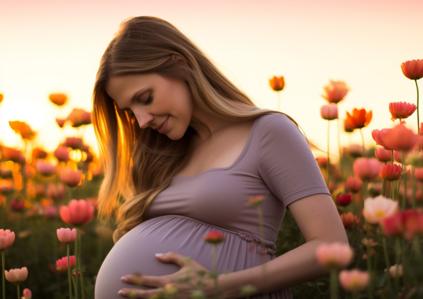 Pregnant Woman Basks in Beauty of Flowers