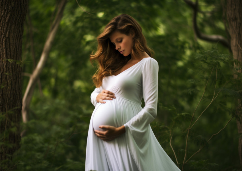 a pregnant woman wearing a flowing white dress