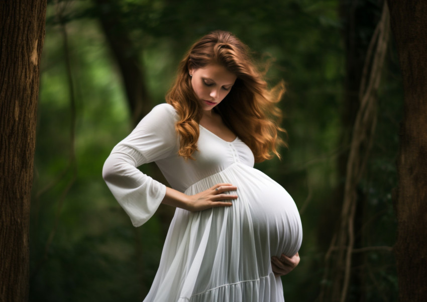 Pregnant Woman in Flowing White Dress