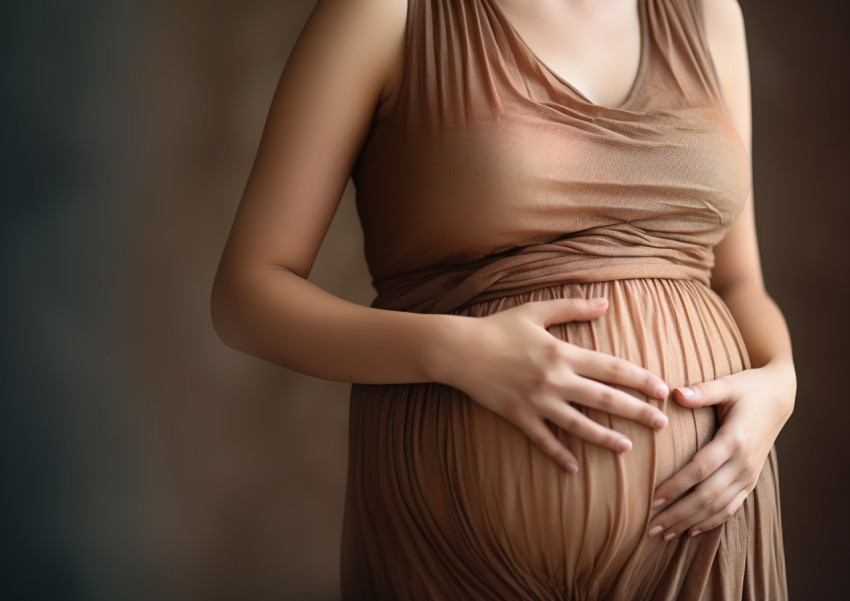 a pregnant woman is holding her belly and wearing a brown dress