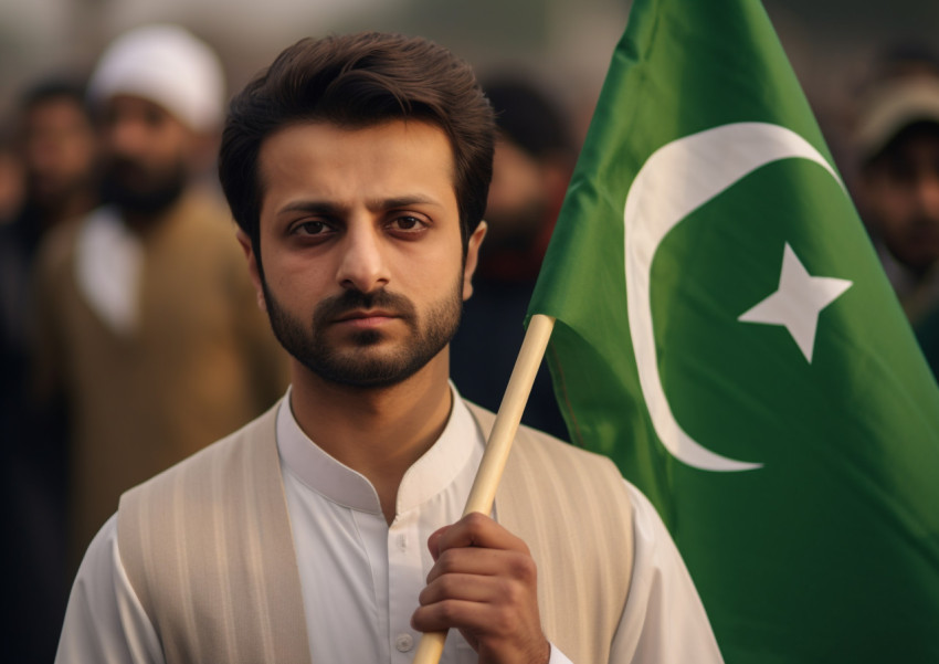 man poses with an pakistan flag while holding up