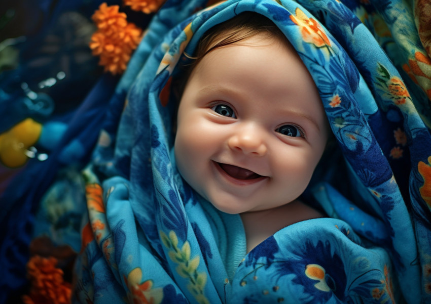 newborn baby in blue towel wrapping