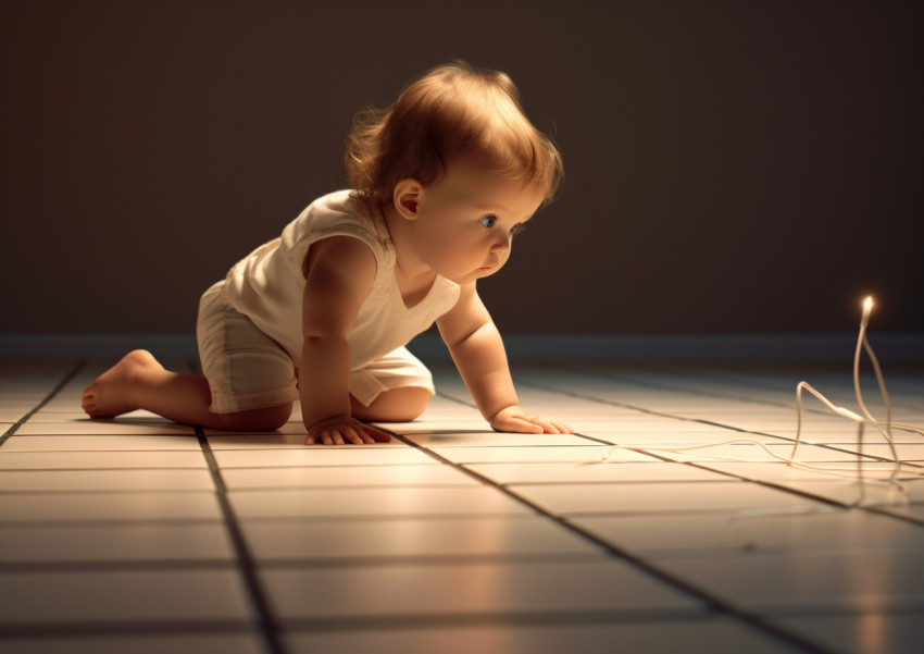 a baby girl crawling on a tiled floor