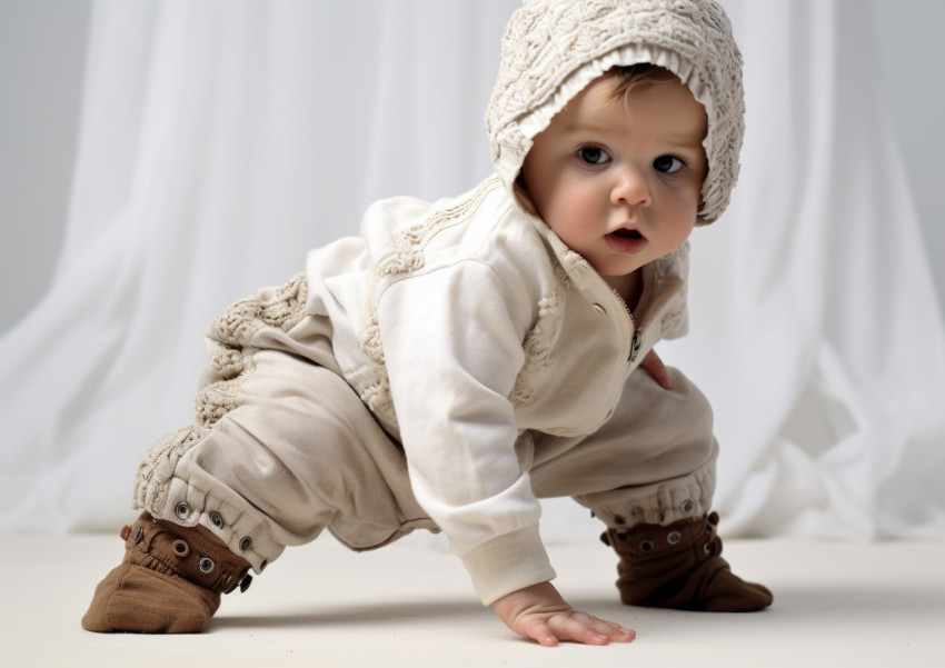 a born baby crawling down on a white background