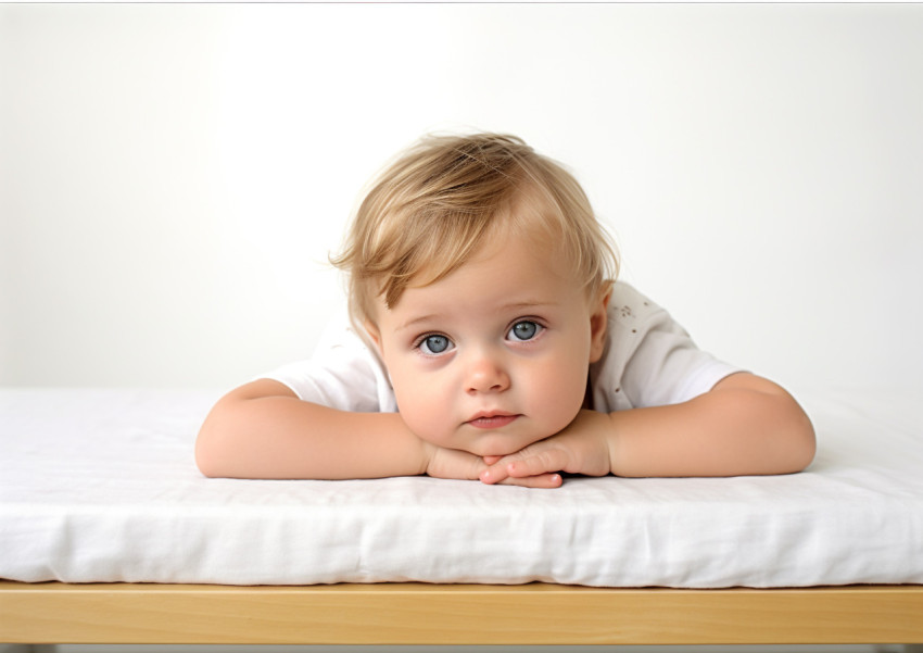 smiling baby in s sitting on a white background