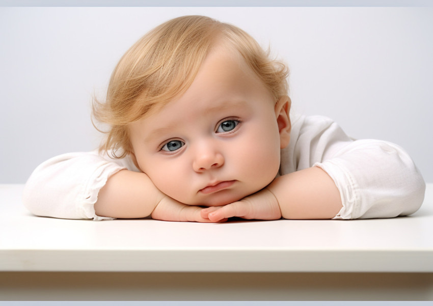 a baby laying on a white table near a white background