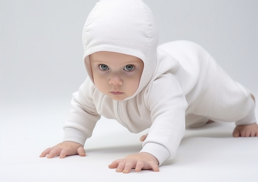 a baby crawling on a white background