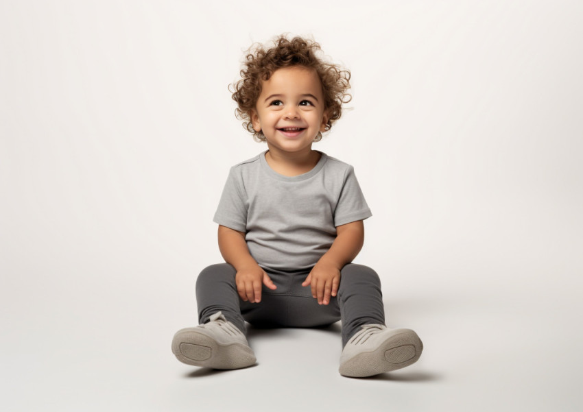 baby is sitting down wearing a grey shirt and grey pants on whit