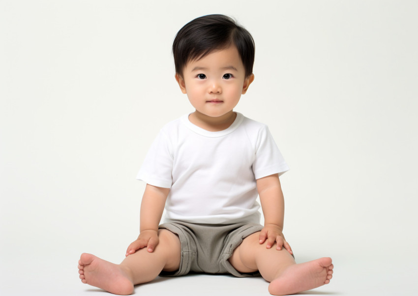 baby toddler sitting in a white shirt on white background