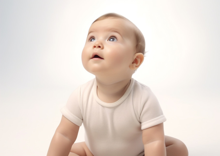 Cute Toddler in White Shirt Sitting on White Background