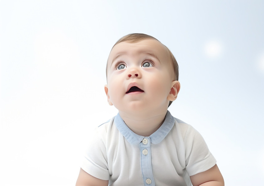 Baby Boy in White Shirt Sitting Still on White Background