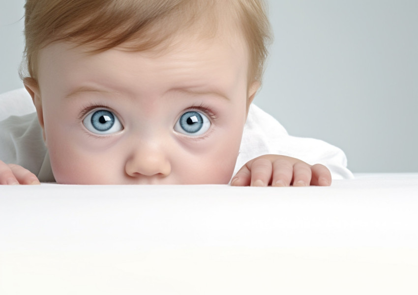 a baby is laying on top of a white surface on white background