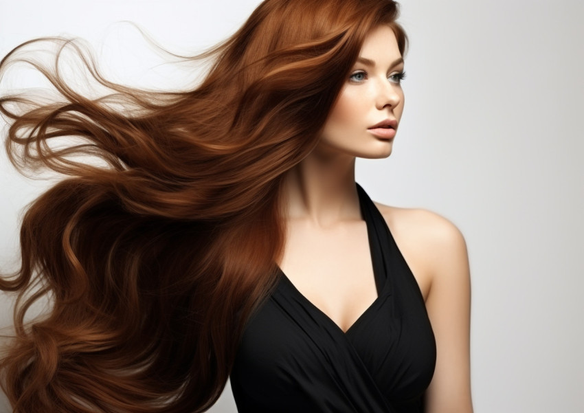 Beautiful woman with brown hair poses in black dress