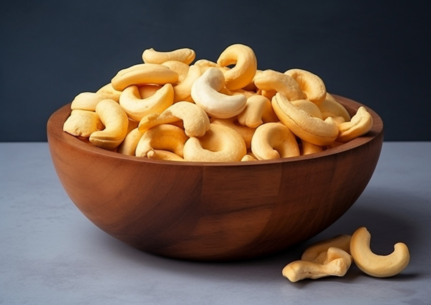 cashews in wooden bowl on a grey surface