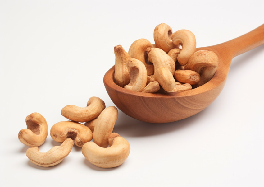 cashew nuts in a wooden spoon on a white background