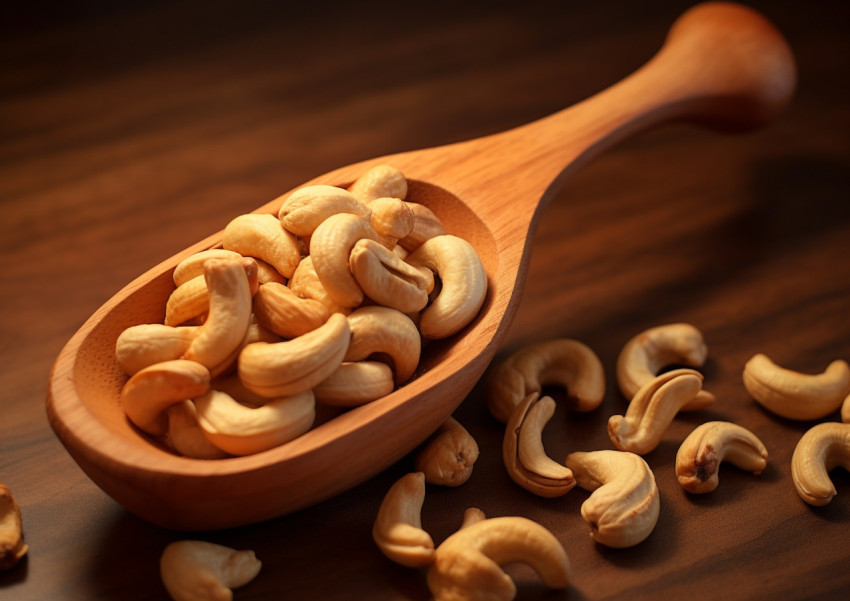 cashew nuts in wooden spoon