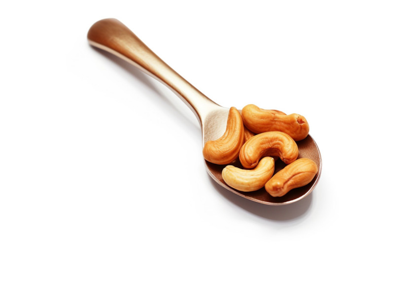 a spoon with cashews on a white background