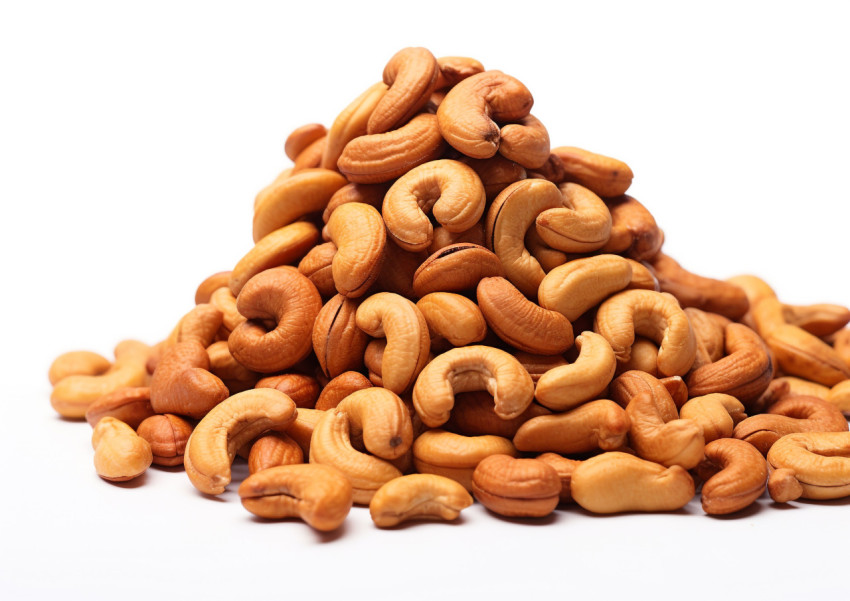 the pile of cashews on a white background