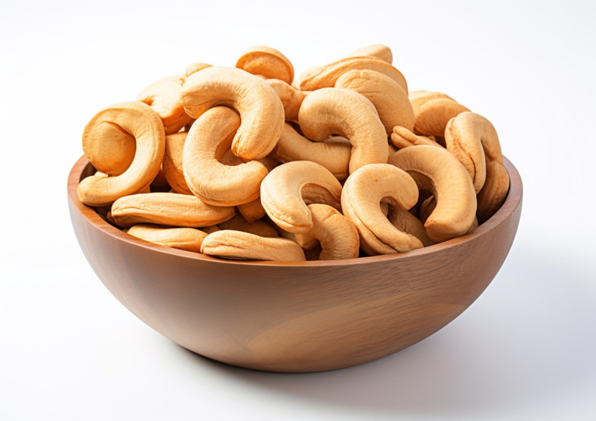 cashews in a wooden bowl on a white surface