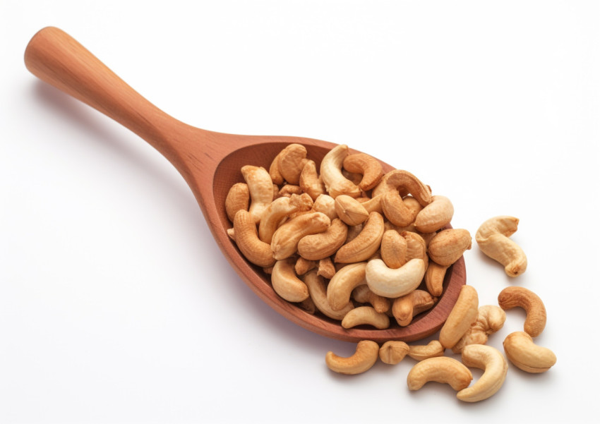 a wooden spoon full of cashews