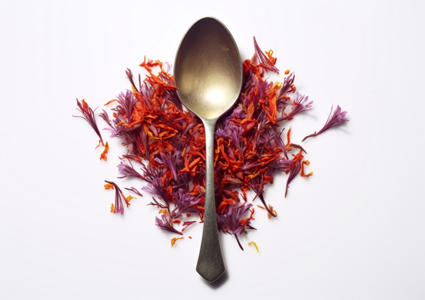 a spoon is filled with red saffron flowers