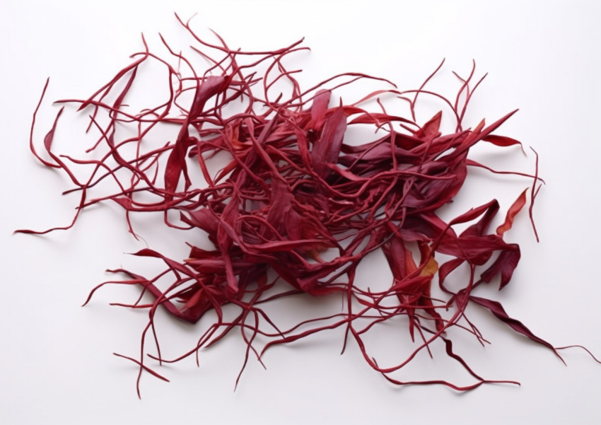 saffron leaves on a white surface