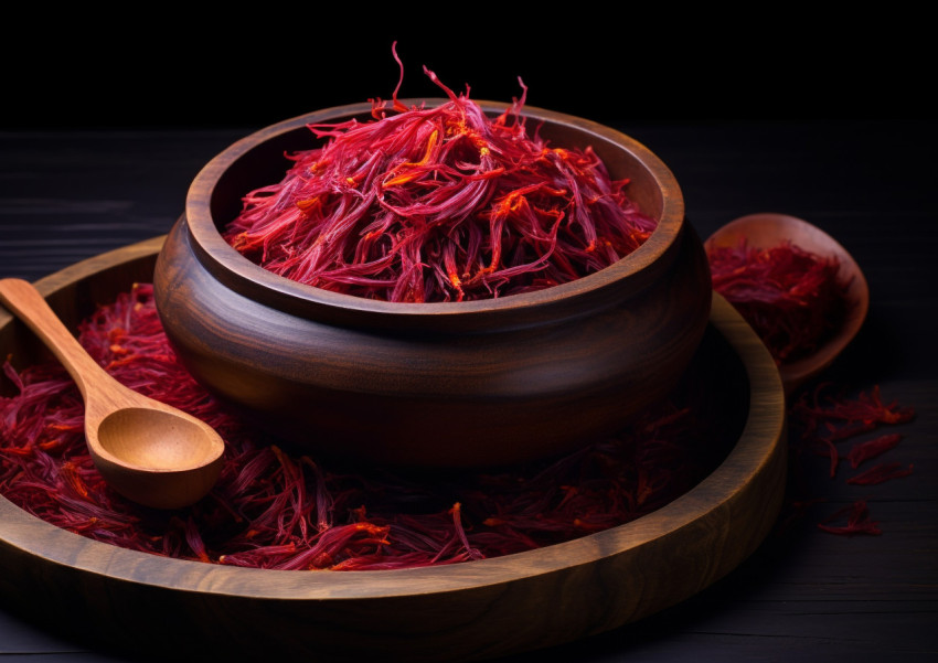 saffron in wooden bowl with red color on dark background