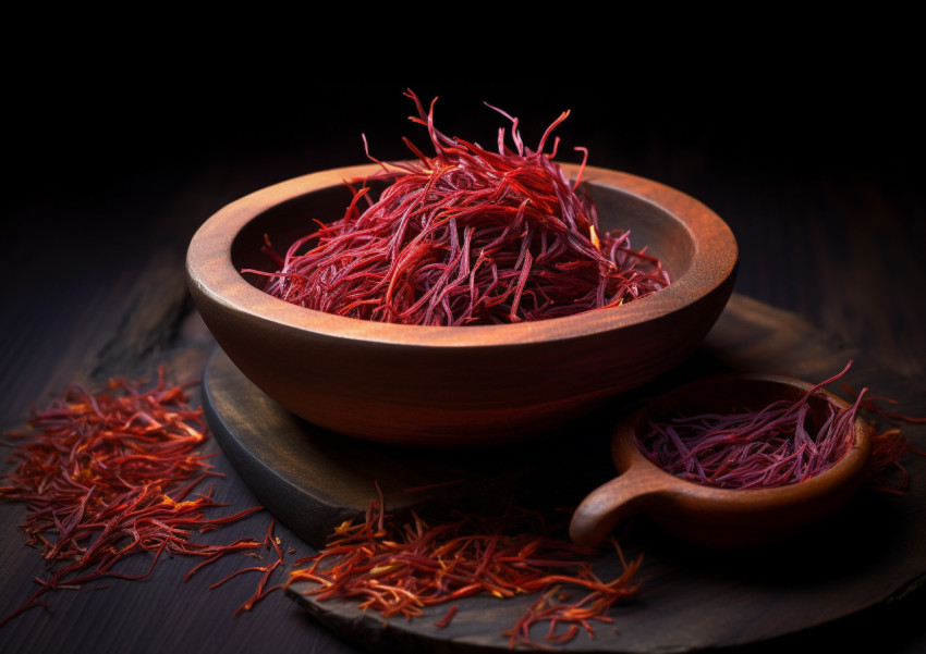 Saffron in a Wooden Bowl Against a Dark Background