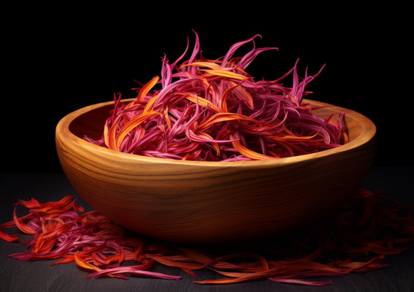 Saffron Threads in a Dark Wooden Bowl