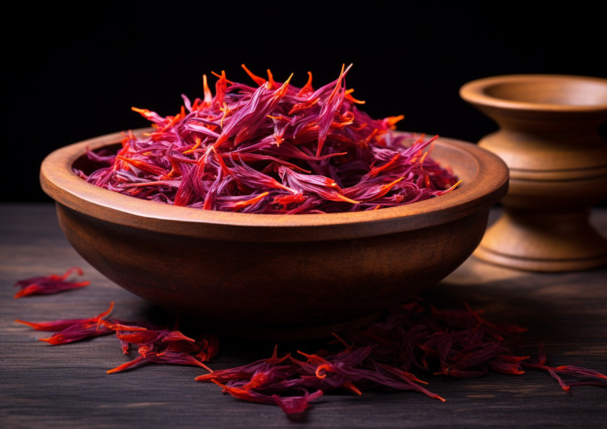 saffron in a wooden bowl on black background