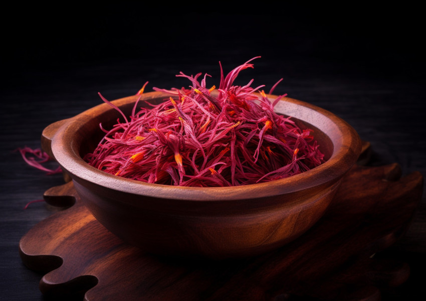 Saffron Threads in a Wooden Bowl