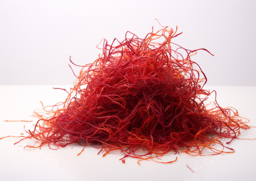 a pile of red saffron seeds is on the white surface