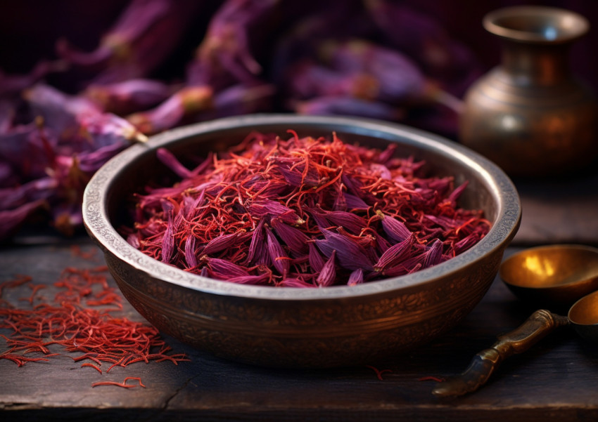 a bouquet of the herb saffron is in a small bowl