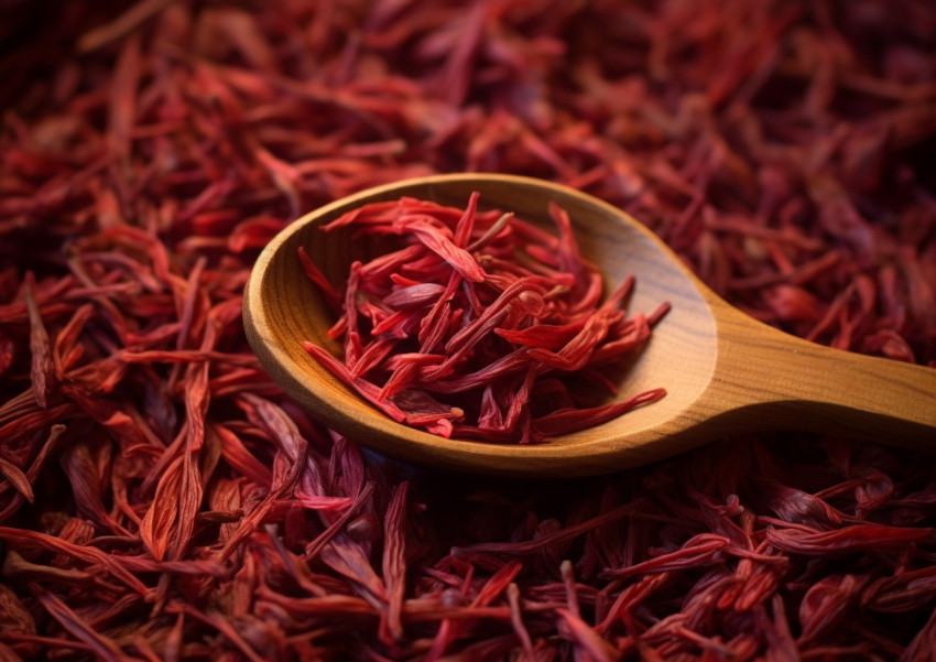 red saffron leaves on a wooden spoon