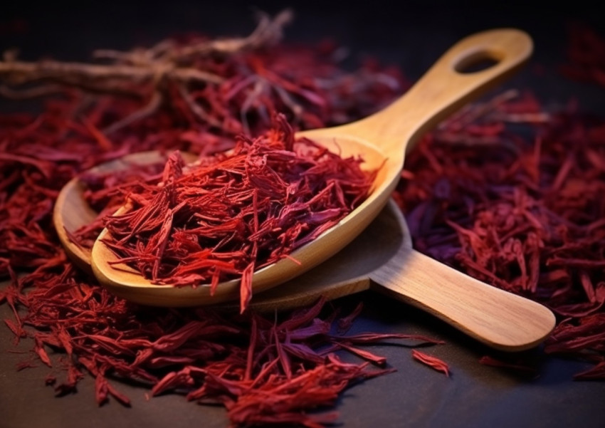 Red Saffron Leaves on a Wooden Spoon